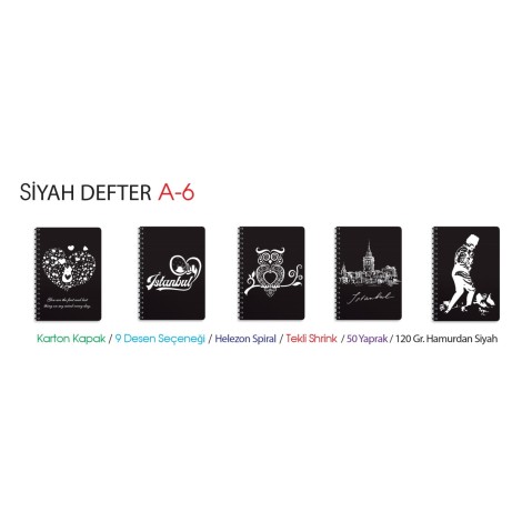 Siyah Defter A6 Telli 12'li ( KAPAK DÜZ SİTAH DESENSİZ )