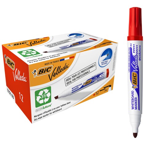 Bic Velleda 1701 Eco Yuvarlak Uçlu Beyaz Tahta Kalemi Kırmızı 12'li